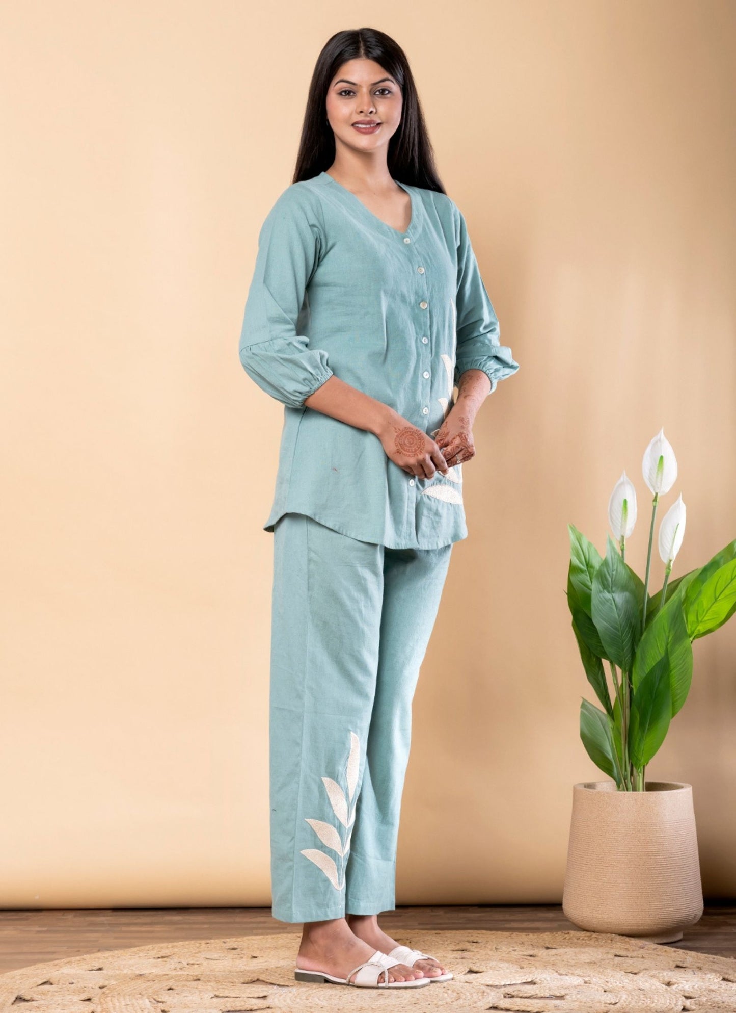 Women's Turquoise Blue Pure Cotton Floral Thread Embroidered Top and Pant Co-ord Set