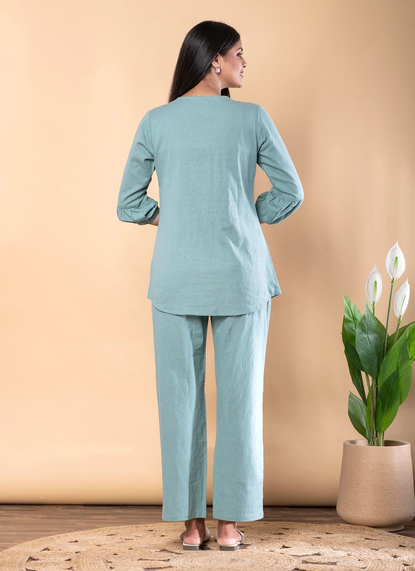 Women's Turquoise Blue Pure Cotton Floral Thread Embroidered Top and Pant Co-ord Set