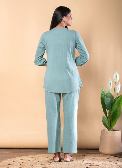 Women's Turquoise Blue Pure Cotton Floral Thread Embroidered Top and Pant Co-ord Set