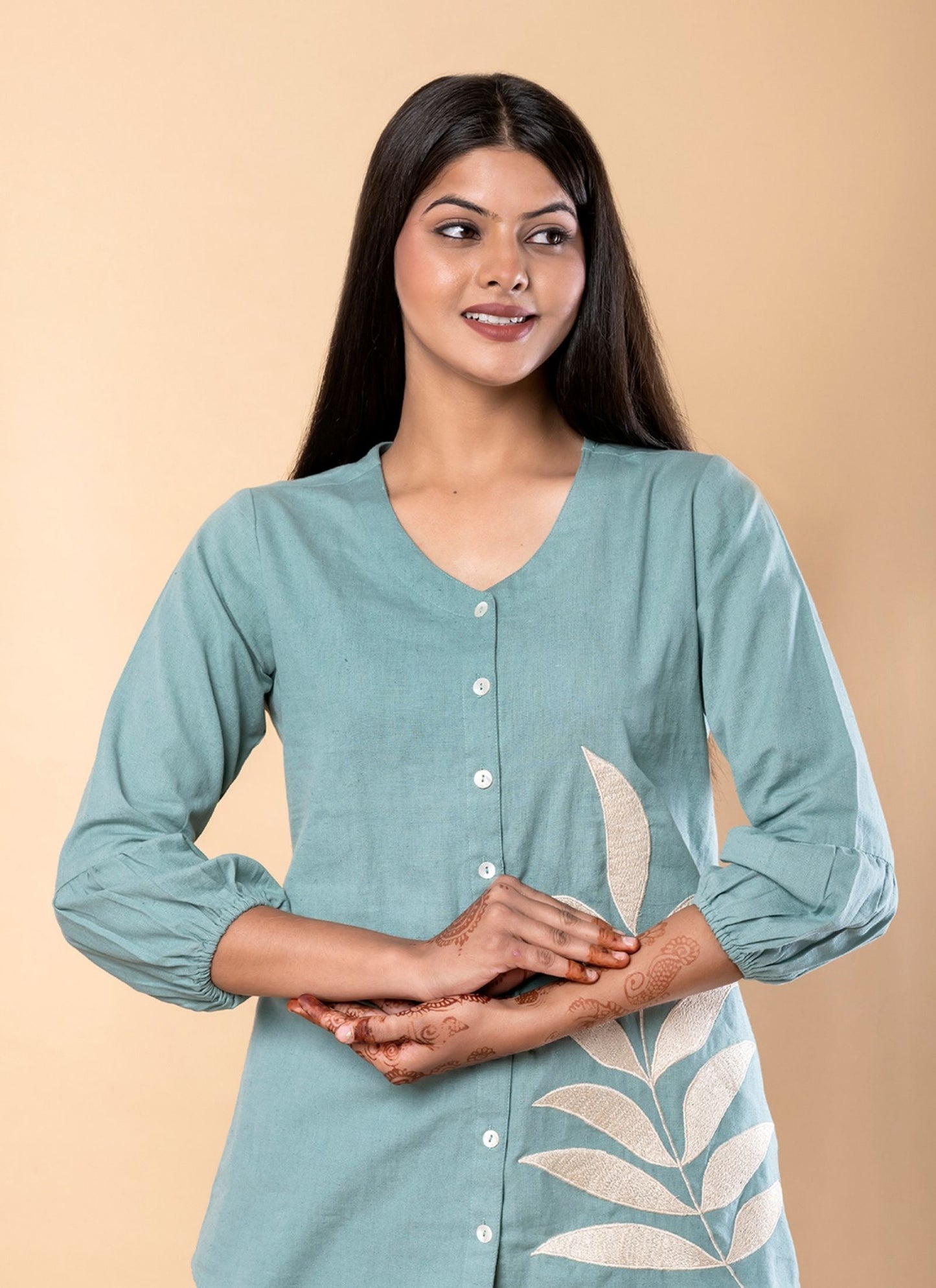 Women's Turquoise Blue Pure Cotton Floral Thread Embroidered Top and Pant Co-ord Set