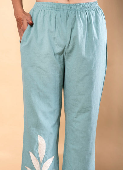 Women's Turquoise Blue Pure Cotton Floral Thread Embroidered Top and Pant Co-ord Set