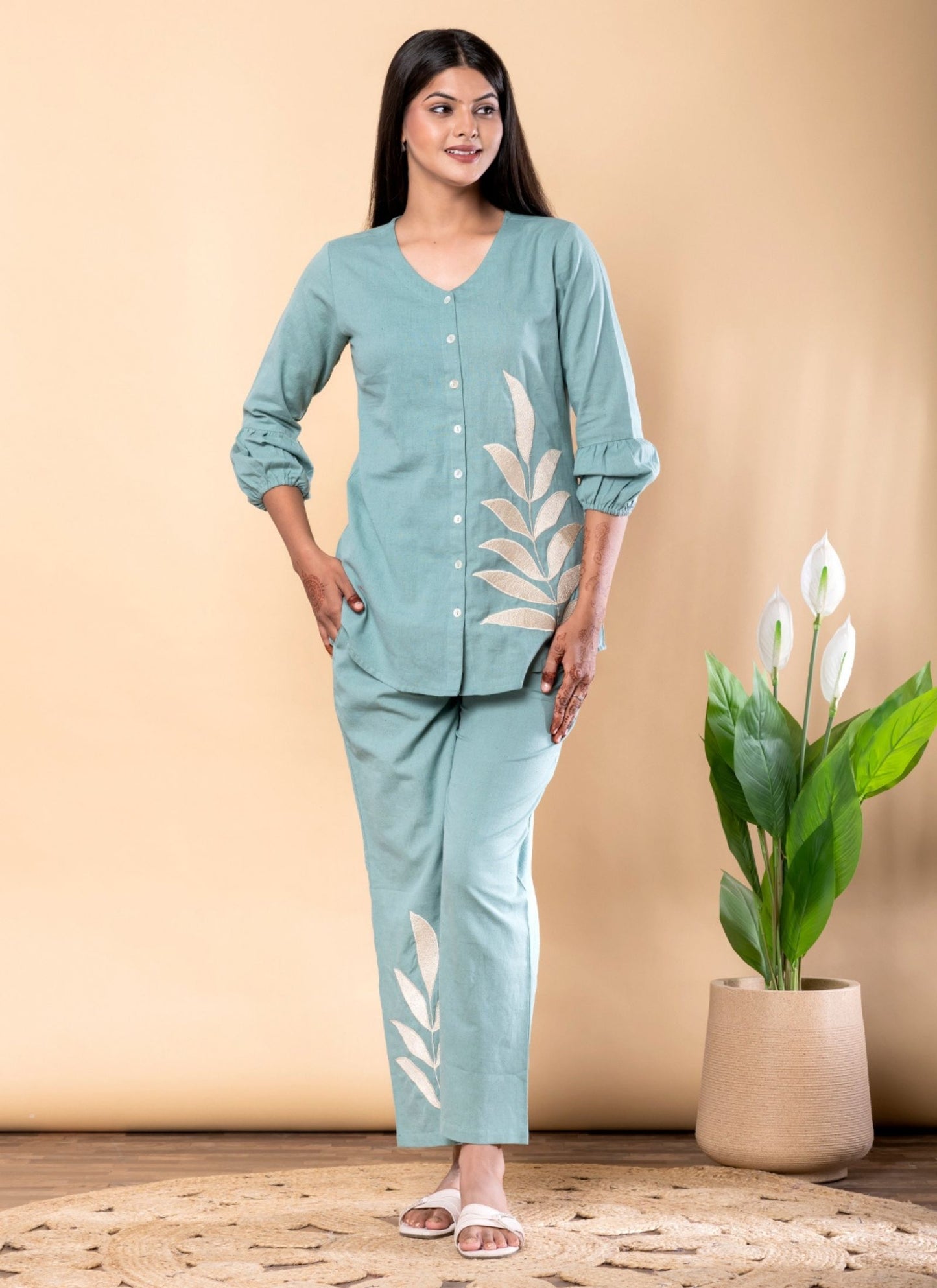 Women's Turquoise Blue Pure Cotton Floral Thread Embroidered Top and Pant Co-ord Set