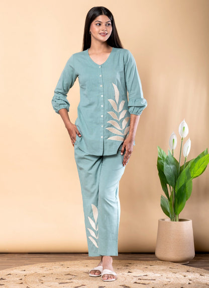 Women's Turquoise Blue Pure Cotton Floral Thread Embroidered Top and Pant Co-ord Set