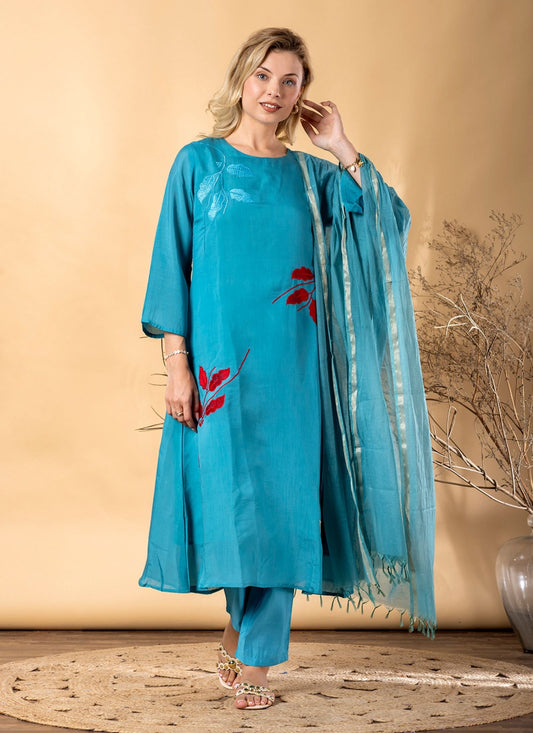 Women's Blue Pure Cotton Printed Salwar Suit Set