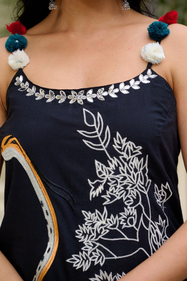 Elegant Black Hand-Embroidered Kurta Set with Artistic Bird Motif