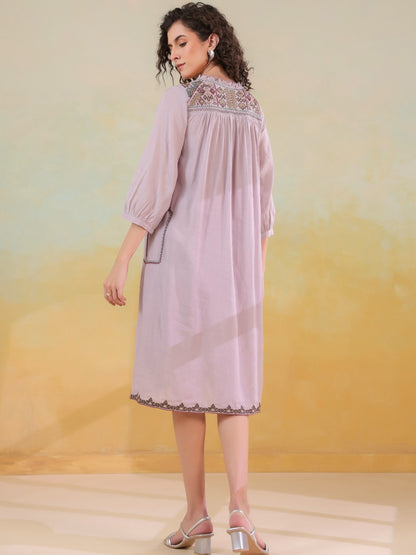 🌸 Elegant Pink Hand-Embroidered Midi Dress