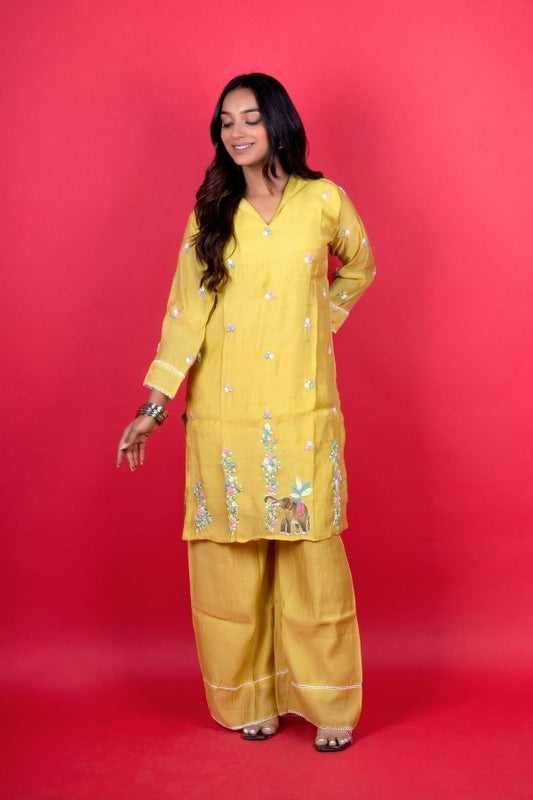 🌼 Radiant Yellow Embroidered Kurti Palazzo Set Elephant Motif 🐘✨