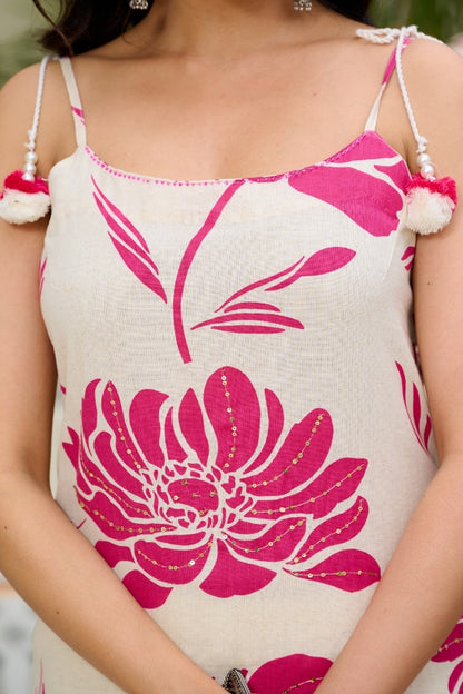 🌸 Elegant Pink & White Hand Embroidered Kurta Set