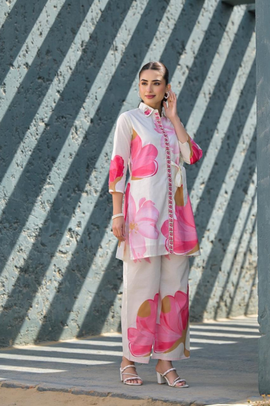 Chic White Floral Co-ord Set 🌸💖 | Elegant & Breezy Cotton Blend Outfit for Women