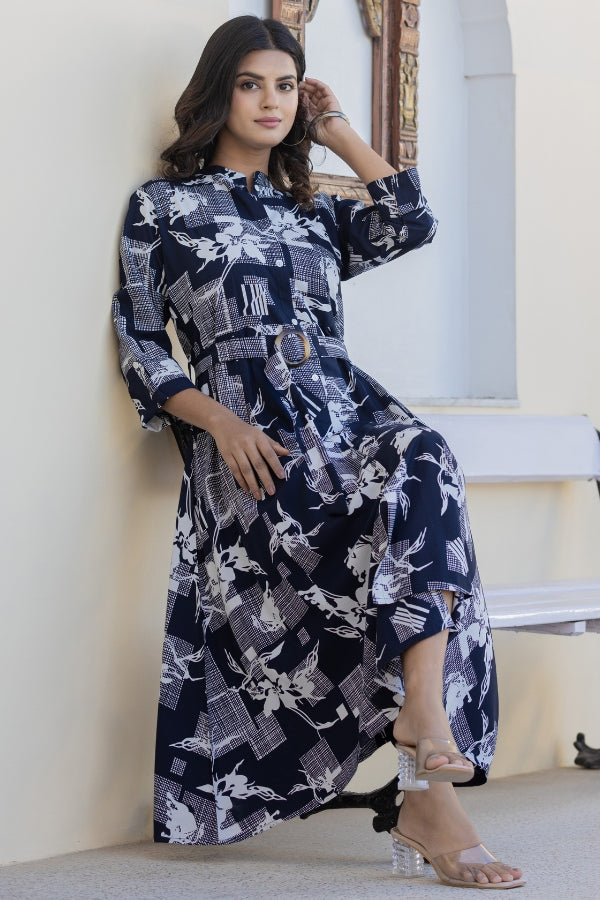 💙 Navy Blue Geometric Midi Dress 👗 | Soft Rayon & All-Season Style 🌸