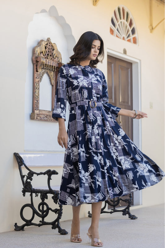 💙 Navy Blue Geometric Midi Dress 👗 | Soft Rayon & All-Season Style 🌸