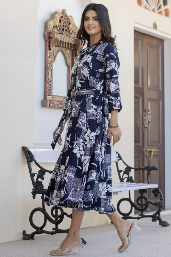 💙 Navy Blue Geometric Midi Dress 👗 | Soft Rayon & All-Season Style 🌸