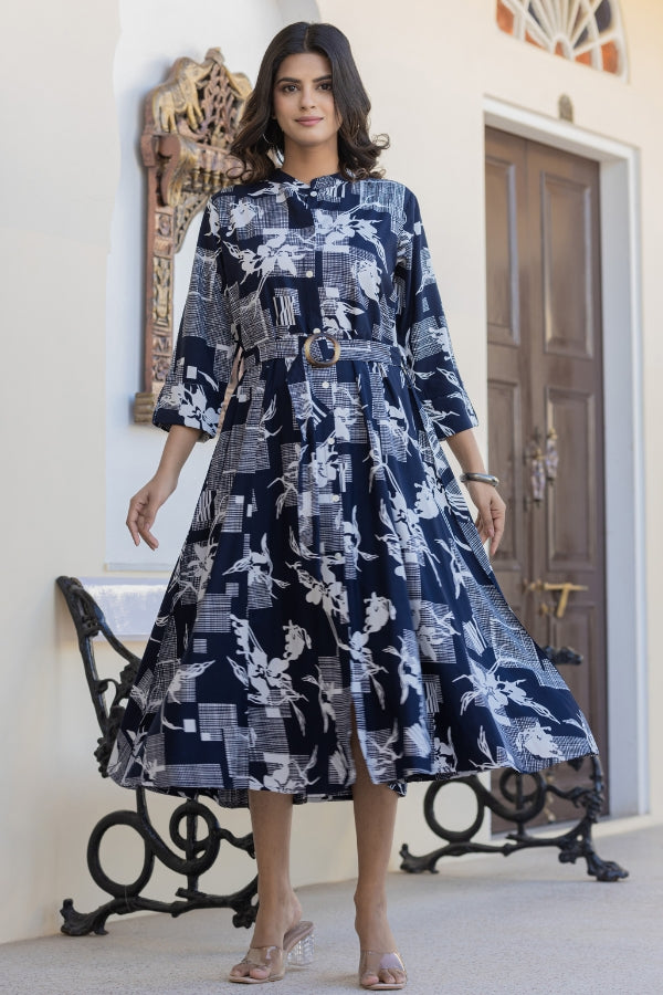 💙 Navy Blue Geometric Midi Dress 👗 | Soft Rayon & All-Season Style 🌸