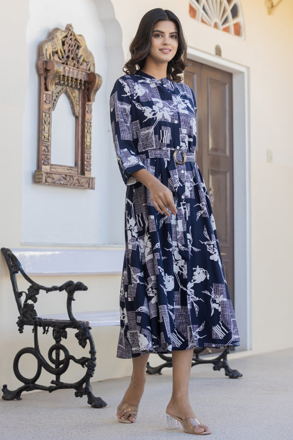 💙 Navy Blue Geometric Midi Dress 👗 | Soft Rayon & All-Season Style 🌸