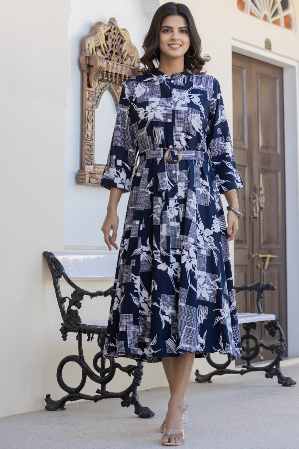 💙 Navy Blue Geometric Midi Dress 👗 | Soft Rayon & All-Season Style 🌸