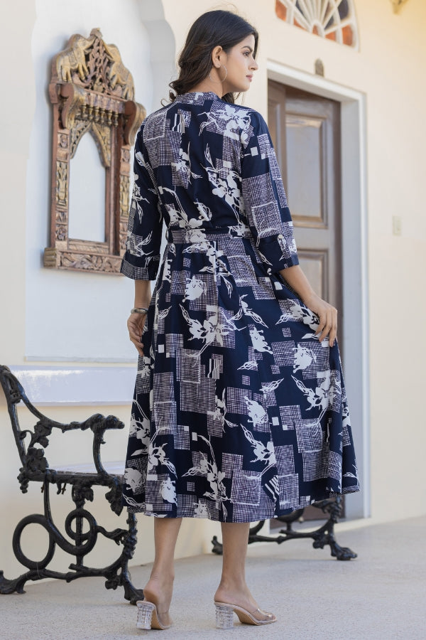 💙 Navy Blue Geometric Midi Dress 👗 | Soft Rayon & All-Season Style 🌸