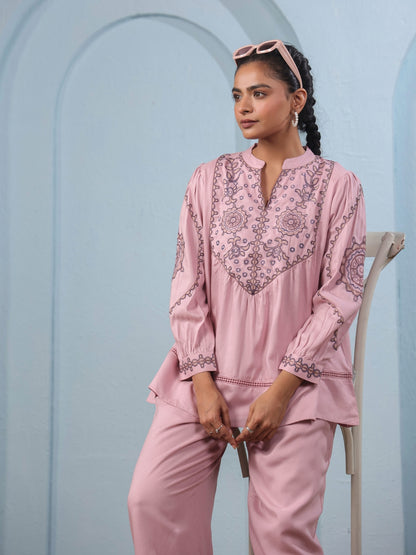 🌸 Elegant Pink Embroidered Co-Ord Set