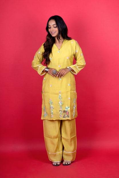 🌼 Radiant Yellow Embroidered Kurti Palazzo Set Elephant Motif 🐘✨