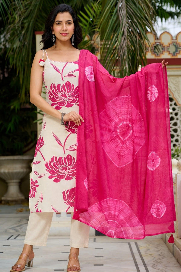🌸 Elegant Pink & White Hand Embroidered Kurta Set