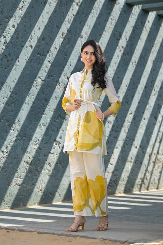 Sunny Bloom Co-ord Set 🌼🌿 | Elegant White & Yellow Floral Cotton Outfit for Women