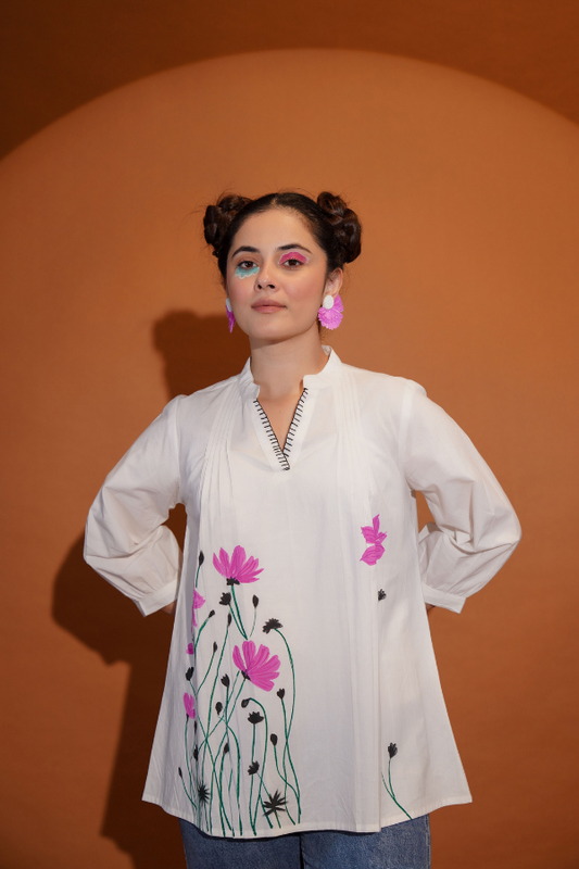 🌸 Elegant White Floral Top for Girls & Women | Hand Painted & Hand Work 🎨✨