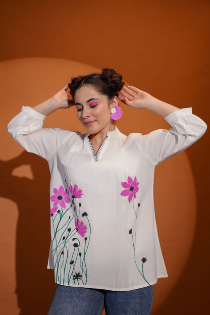 🌸 Elegant White Floral Top for Girls & Women | Hand Painted & Hand Work 🎨✨