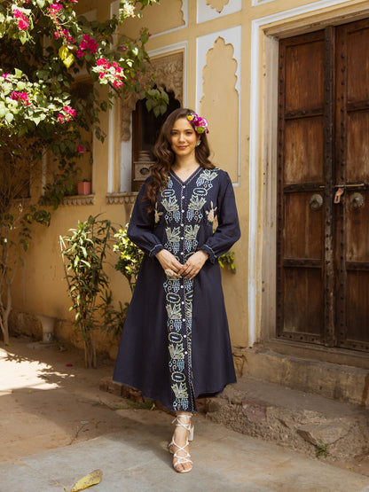 Navy Bloom Embroidered A-Line Dress Pure Cotton 🌿🌸