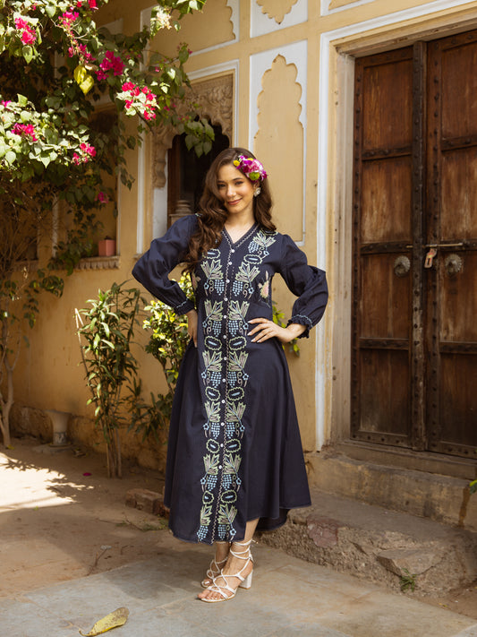 Navy Bloom Embroidered A-Line Dress Pure Cotton 🌿🌸
