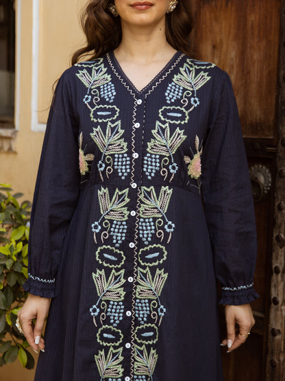 Navy Bloom Embroidered A-Line Dress Pure Cotton 🌿🌸
