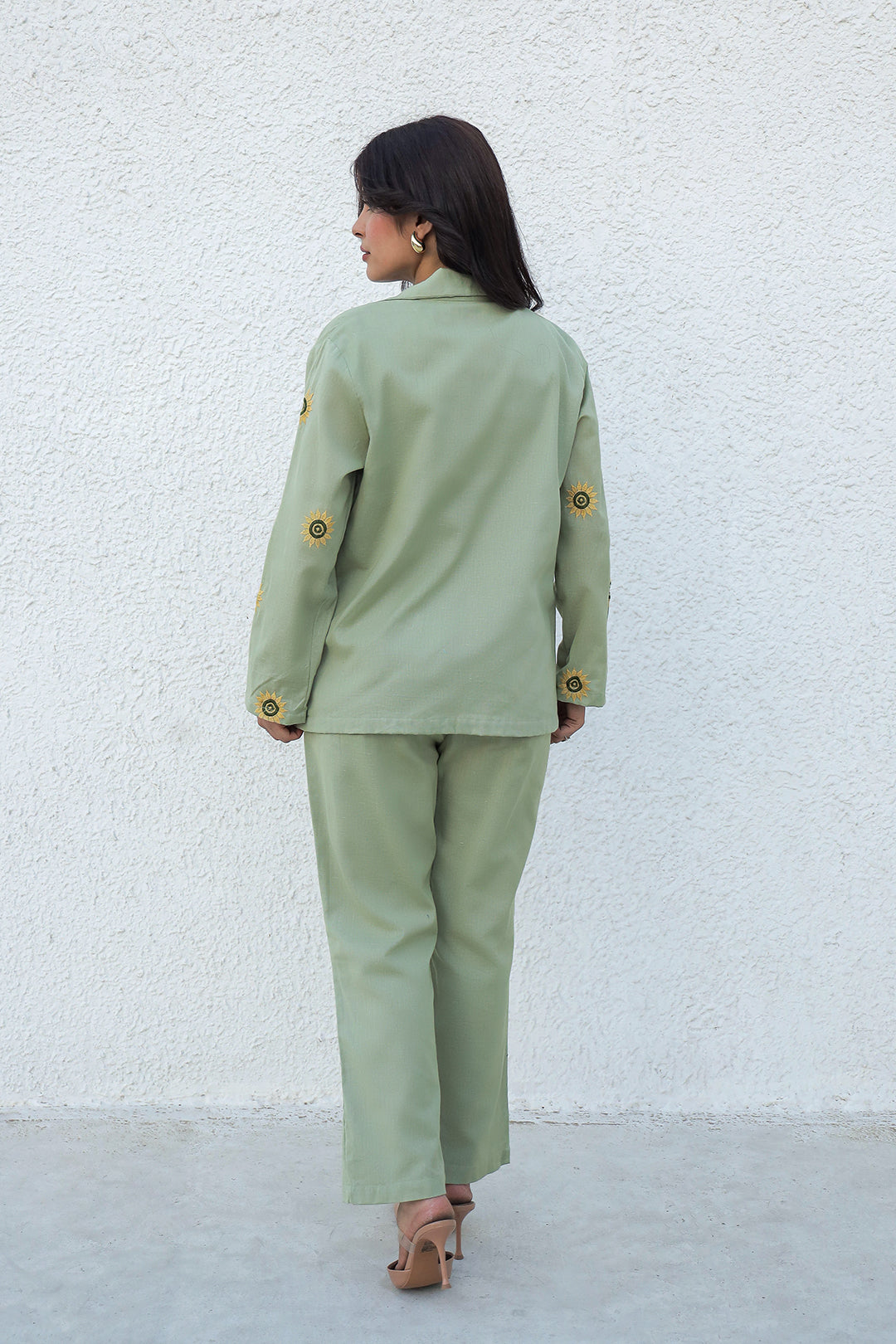 Sunflower Embroidered Green Blazer Set with Crop Top and Trousers