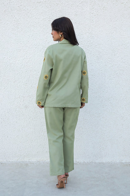 Sunflower Embroidered Green Blazer Set with Crop Top and Trousers