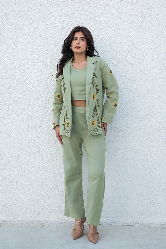 Sunflower Embroidered Green Blazer Set with Crop Top and Trousers