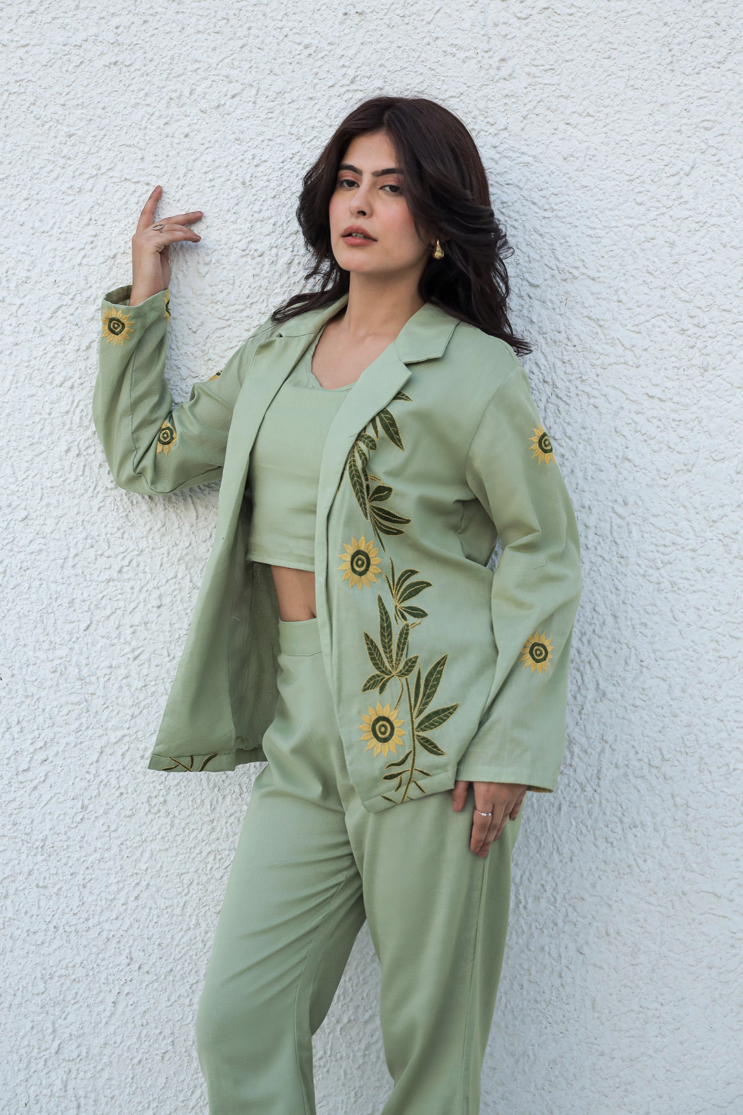 Sunflower Embroidered Green Blazer Set with Crop Top and Trousers