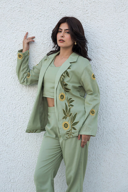 Sunflower Embroidered Green Blazer Set with Crop Top and Trousers
