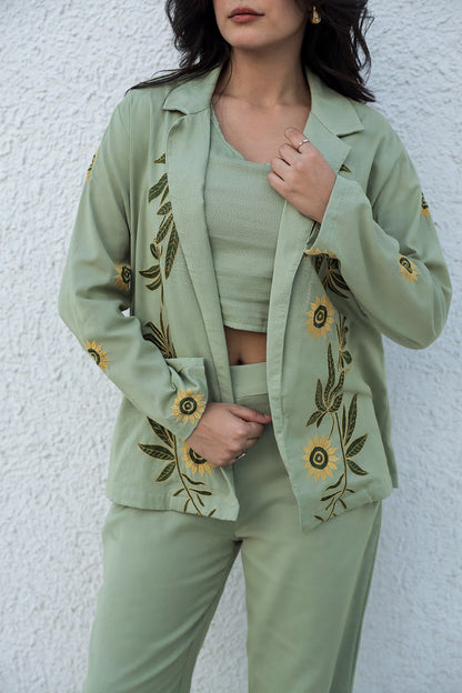 Sunflower Embroidered Green Blazer Set with Crop Top and Trousers
