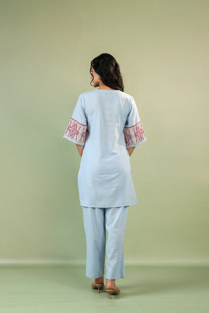 💠 Powder Blue Hand-Embroidered Cotton Co-Ord Set
