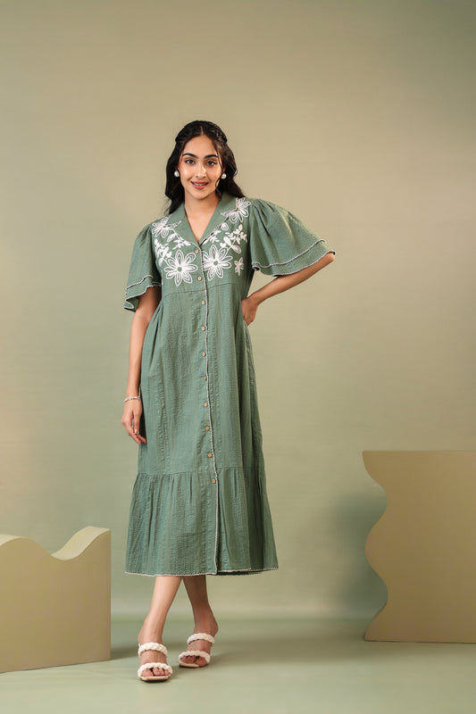 Women's Floral Embroidered Green Midi Dress