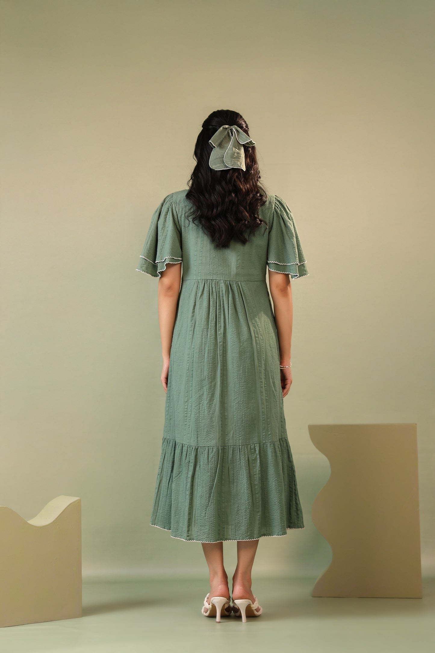 Women's Floral Embroidered Green Midi Dress