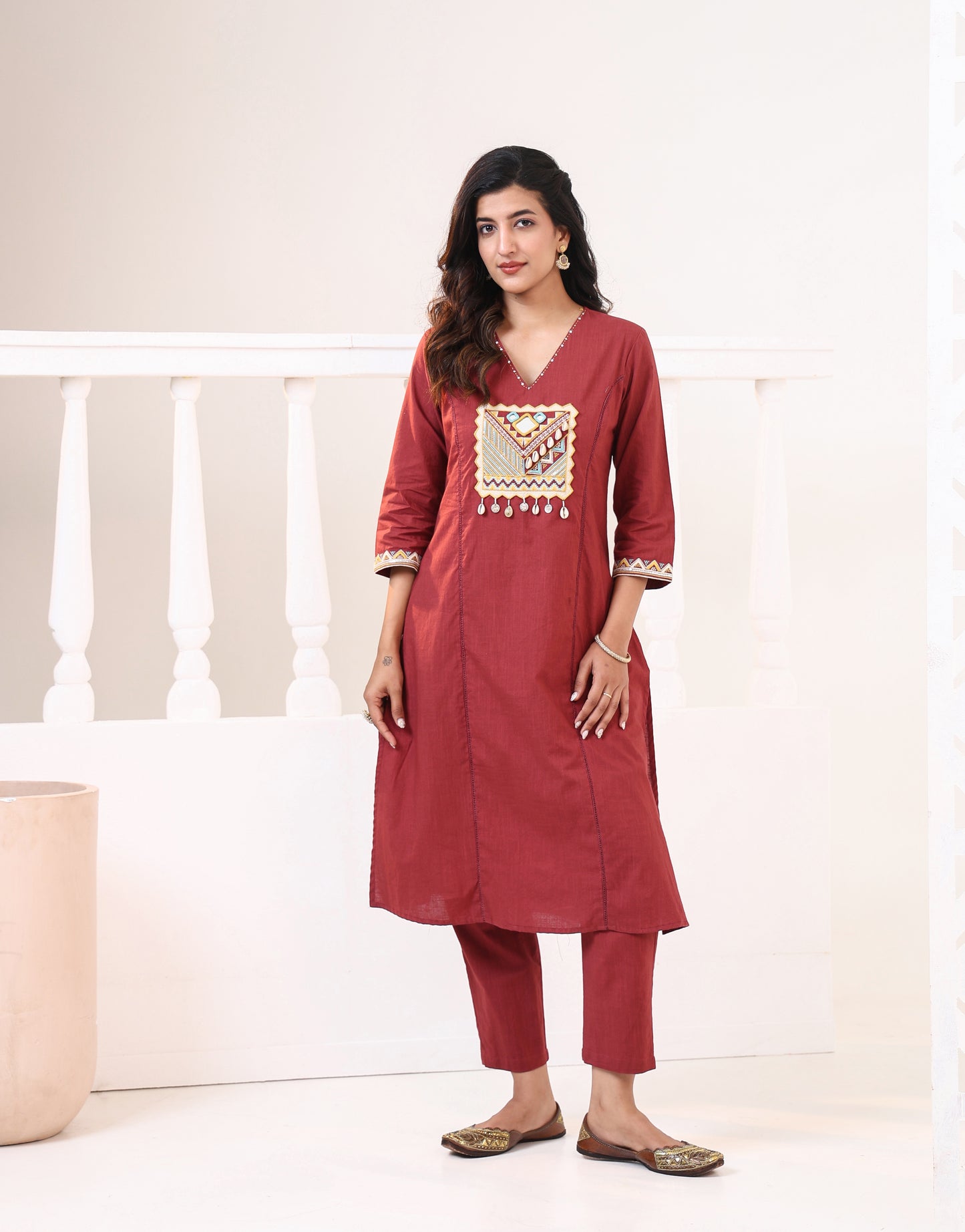 Women's Rust Red Cotton Embroidered Kurta Set | V-Neck Kurta with Straight Pants