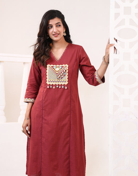 Women's Rust Red Cotton Embroidered Kurta Set | V-Neck Kurta with Straight Pants