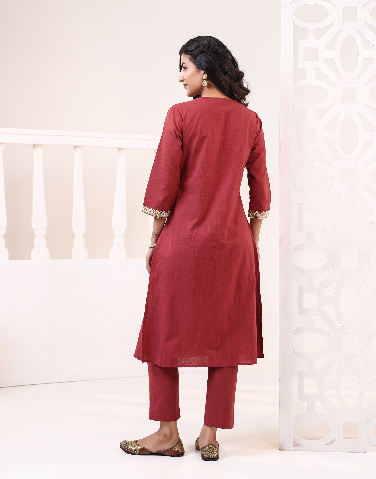 Women's Rust Red Cotton Embroidered Kurta Set | V-Neck Kurta with Straight Pants