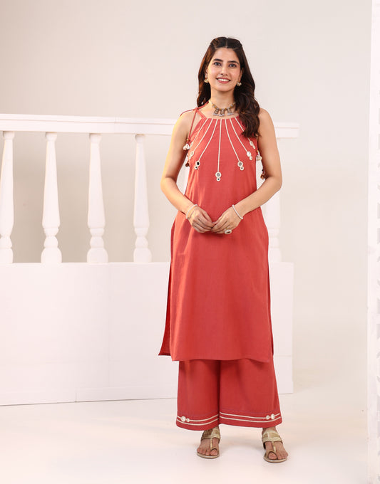 Elegant Coral Kurta Set with Threadwork Detailing & Palazzo Pants