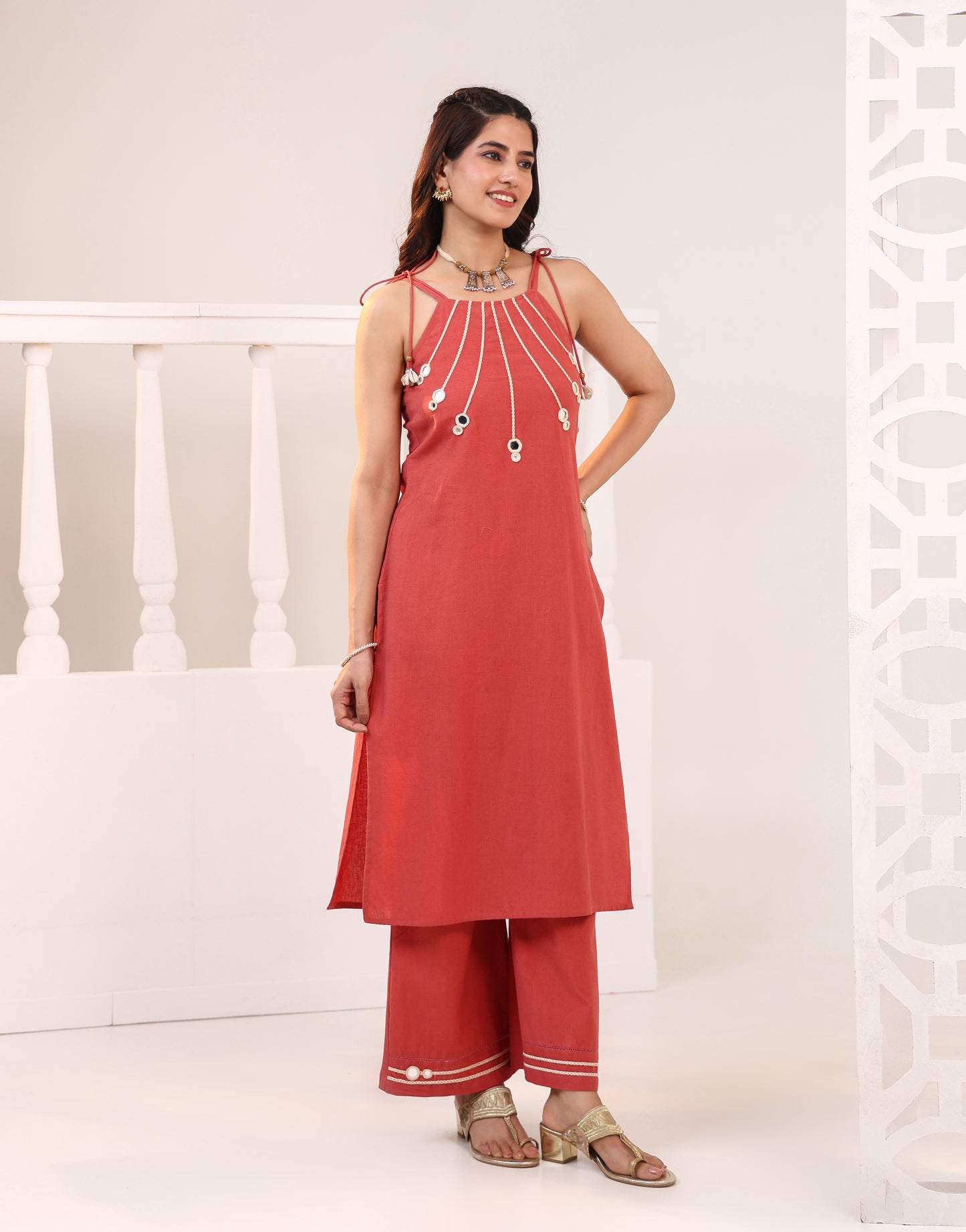 Elegant Coral Kurta Set with Threadwork Detailing & Palazzo Pants