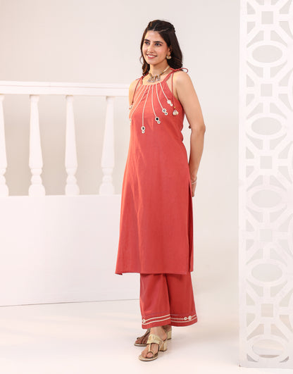 Elegant Coral Kurta Set with Threadwork Detailing & Palazzo Pants