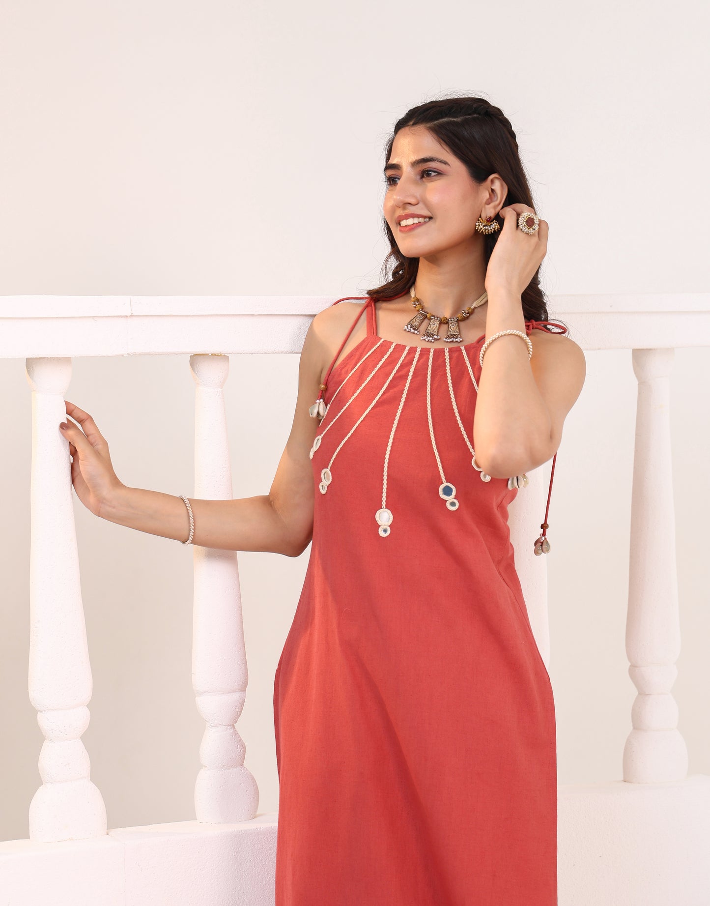 Elegant Coral Kurta Set with Threadwork Detailing & Palazzo Pants