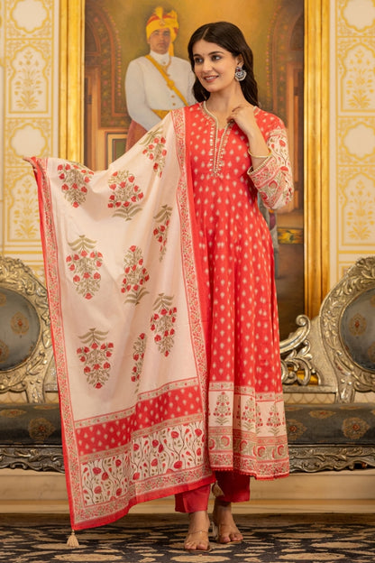 🌸 Pure Cotton Red Anarkali Suit Set with Dupatta – Grace Meets Comfort 🌸