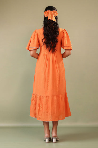 Floral Embroidered Orange Midi Dress