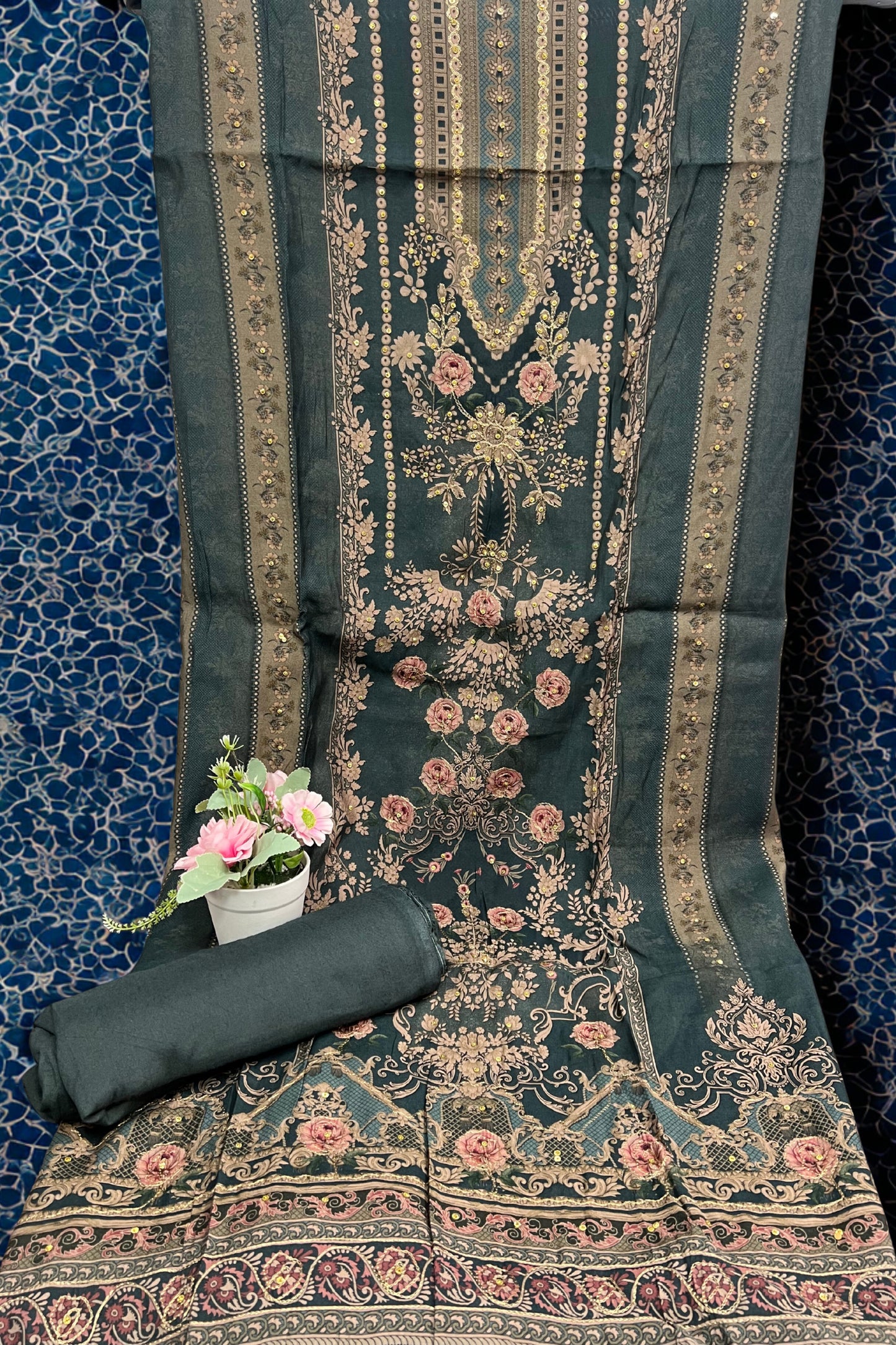Embroidered and Printed Work Unstitched Salwar Suit Material
