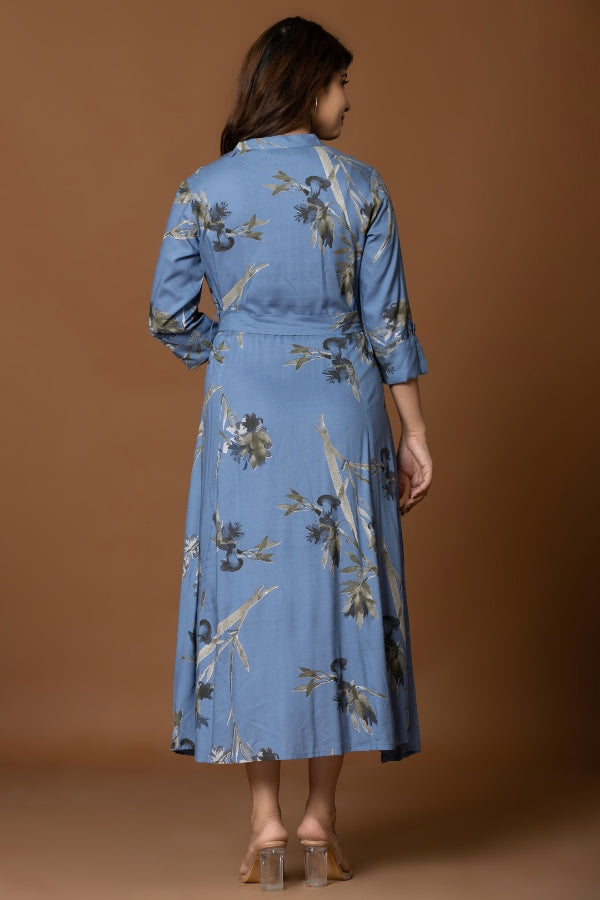 Navy Blue Floral Fit & Flare Midi Dress with Belt