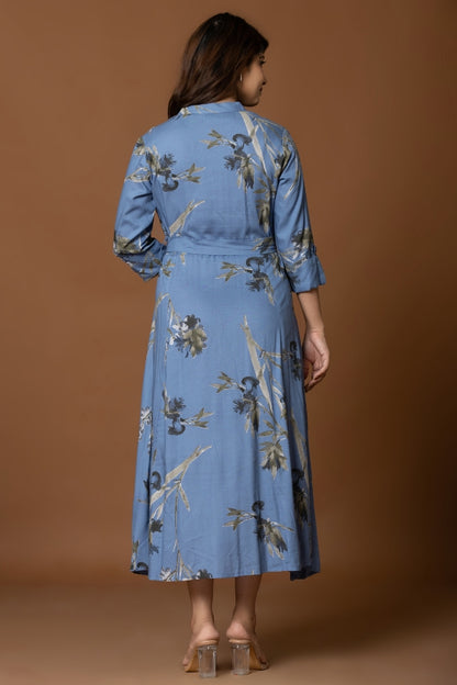 Navy Blue Floral Fit & Flare Midi Dress with Belt